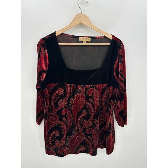 Notations Red Black Paisley Velvet Top 2X Square Neck 3/4 Sleeve Whimsigoth Dark - Picture 1 of 6